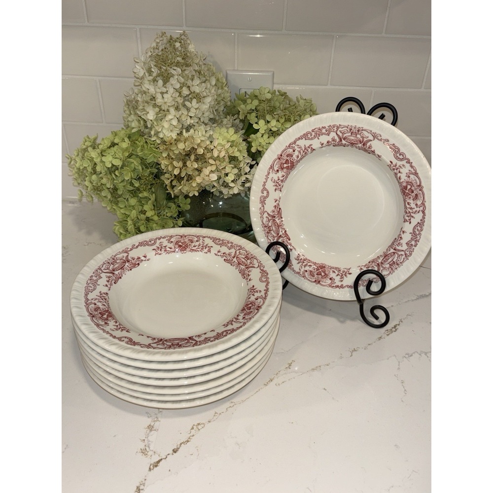 8 Vtg Walker China 9" Rimmed Soup Bowls Bedford Ohio Pink on Cream White 1941
